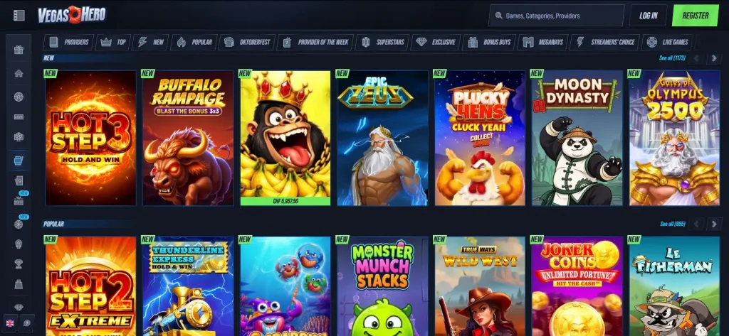 Current VegasHero casino lobby showing slot categories and game filters