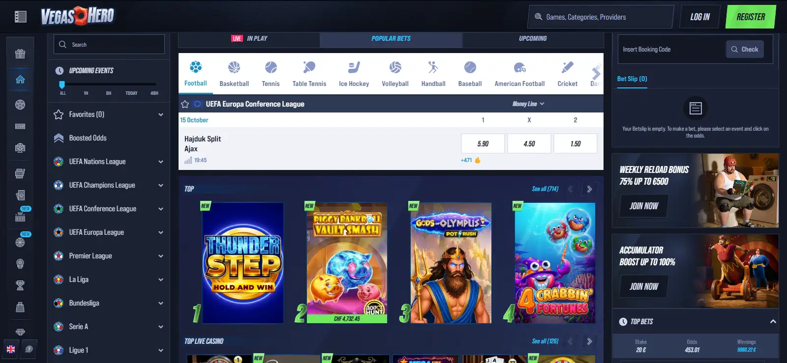 Current VegasHero homepage or casino lobby view