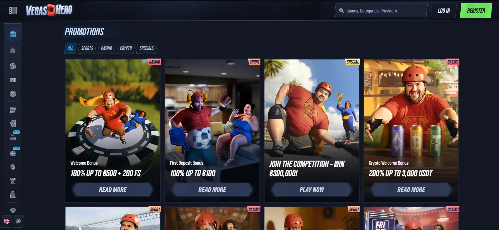 Current VegasHero promotions or registration screen showing the welcome offer presentation