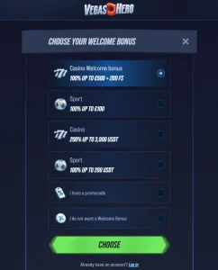 Current VegasHero registration page showing the welcome-offer selection step