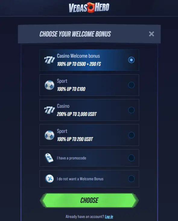 Current VegasHero registration page showing the welcome-offer selection step