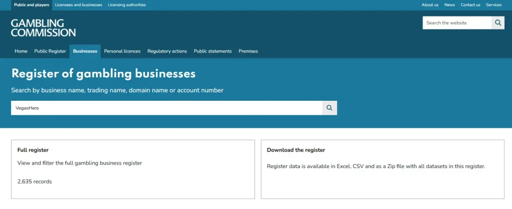 UK Gambling Commission business register search context for VegasHero