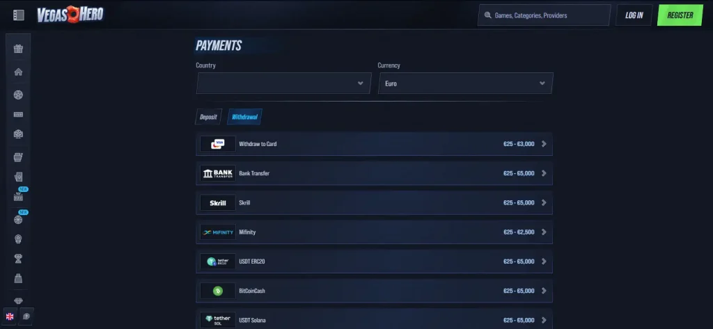 VegasHero withdrawal or payments interface with payout method selection